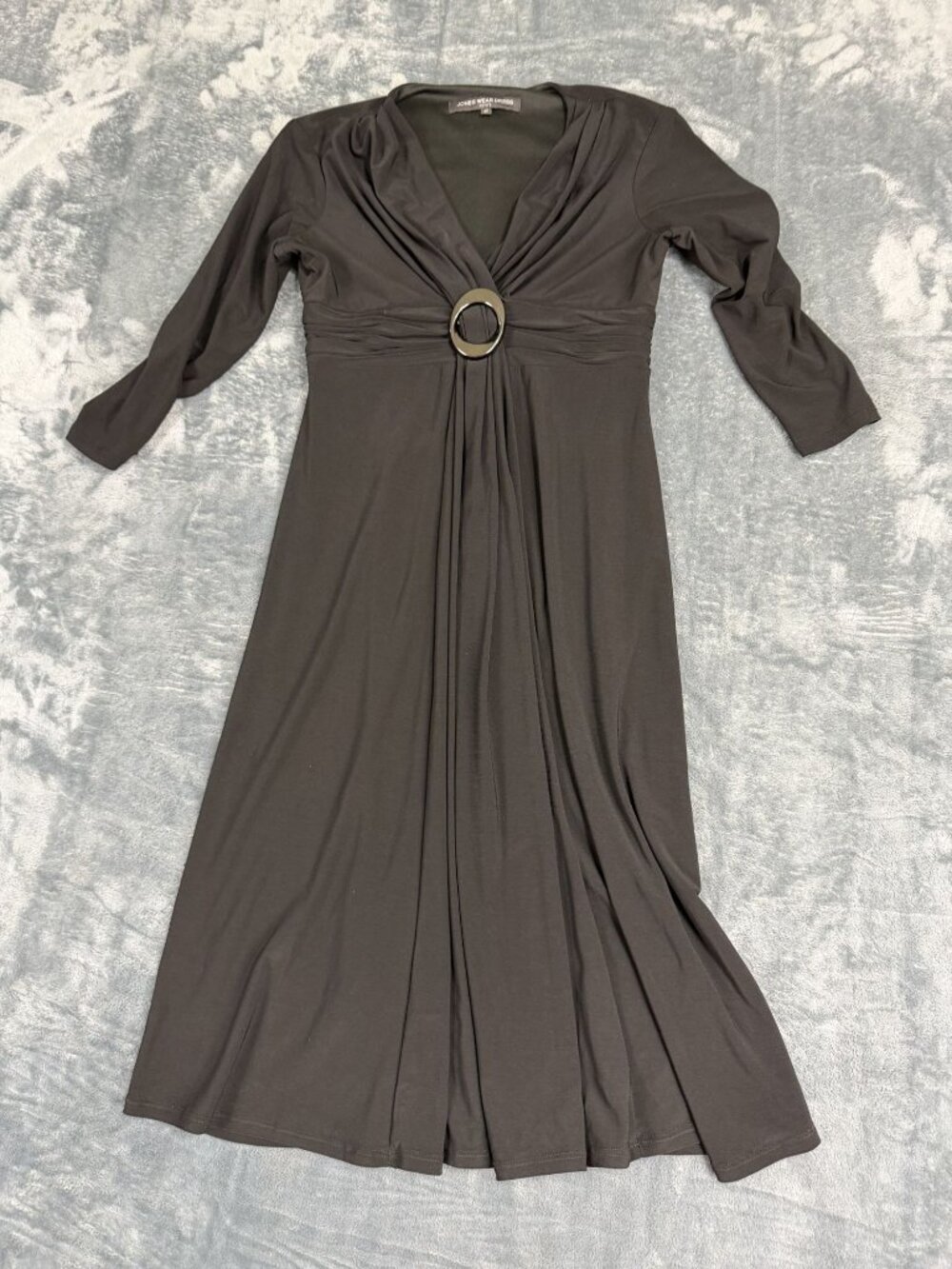 Jones Wear Womens Black 3/4 Sleeve V-Neck Ring Detail Maxi Dress 4P
